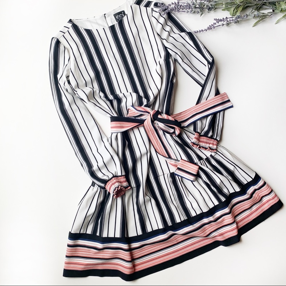 ECI New York Striped belted Dress with pockets